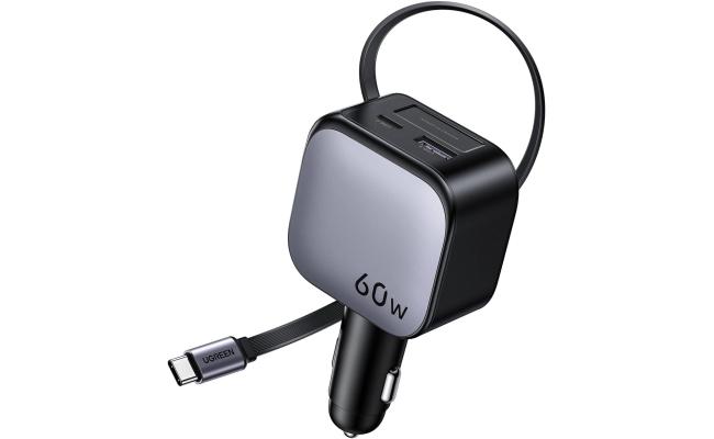 UGREEN 60W Car Charger with Retractable Cable, 3-Port Fast Charger with 30W PD USB-C, USB-A, Cigarette Lighter Adapter Compatible with iPhone 17 16 15, Galaxy S25 S24, iPad, GPS, 12V Car Accessories